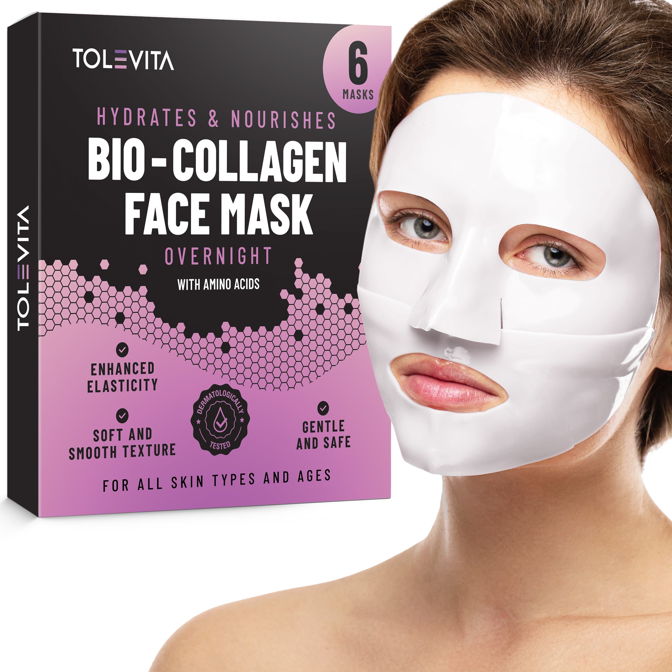Bio-Collagen Overnight Face Mask, Hydrating & Nourishing Sheet Mask with Collagen, Hyaluronic Acid & Niacinamide, 6 masks